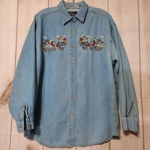 Ladies Large Denim Shirt Novelty Embroidered‎ Bears Airplane Light Blue